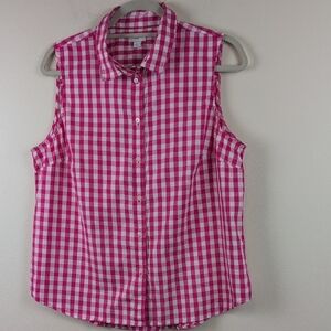 J. Crew Pink Gingham Sleeveless Button-Up Shirt Size L Cotton Poplin Preppy